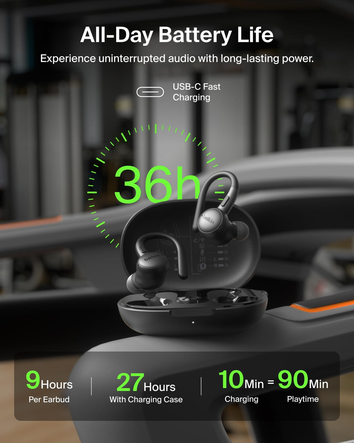 Belkin charging case open displaying earbuds and long battery benefit