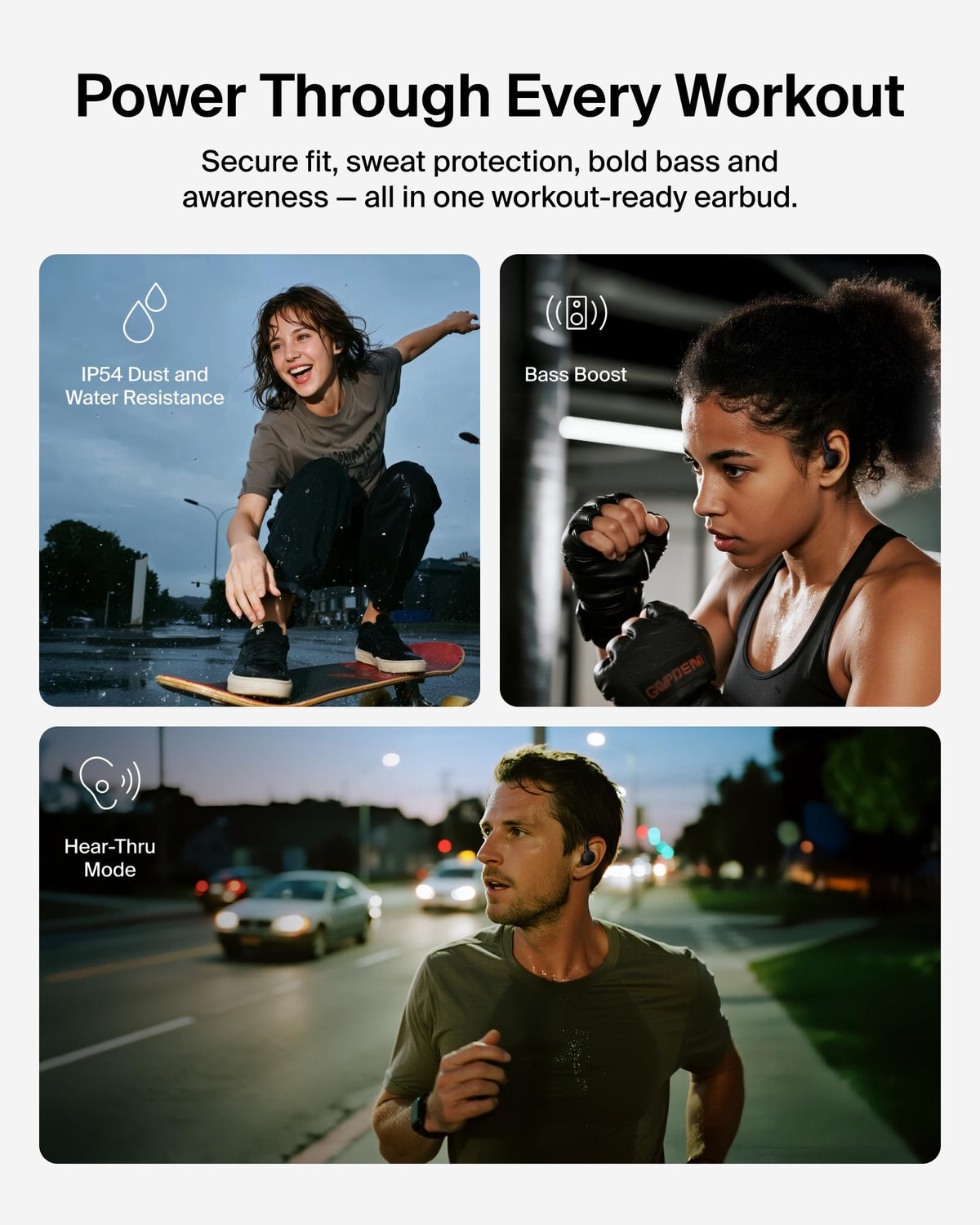 Belkin earhook close-up highlighting secure fit for active movement