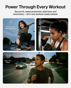 Belkin earhook close-up highlighting secure fit for active movement
