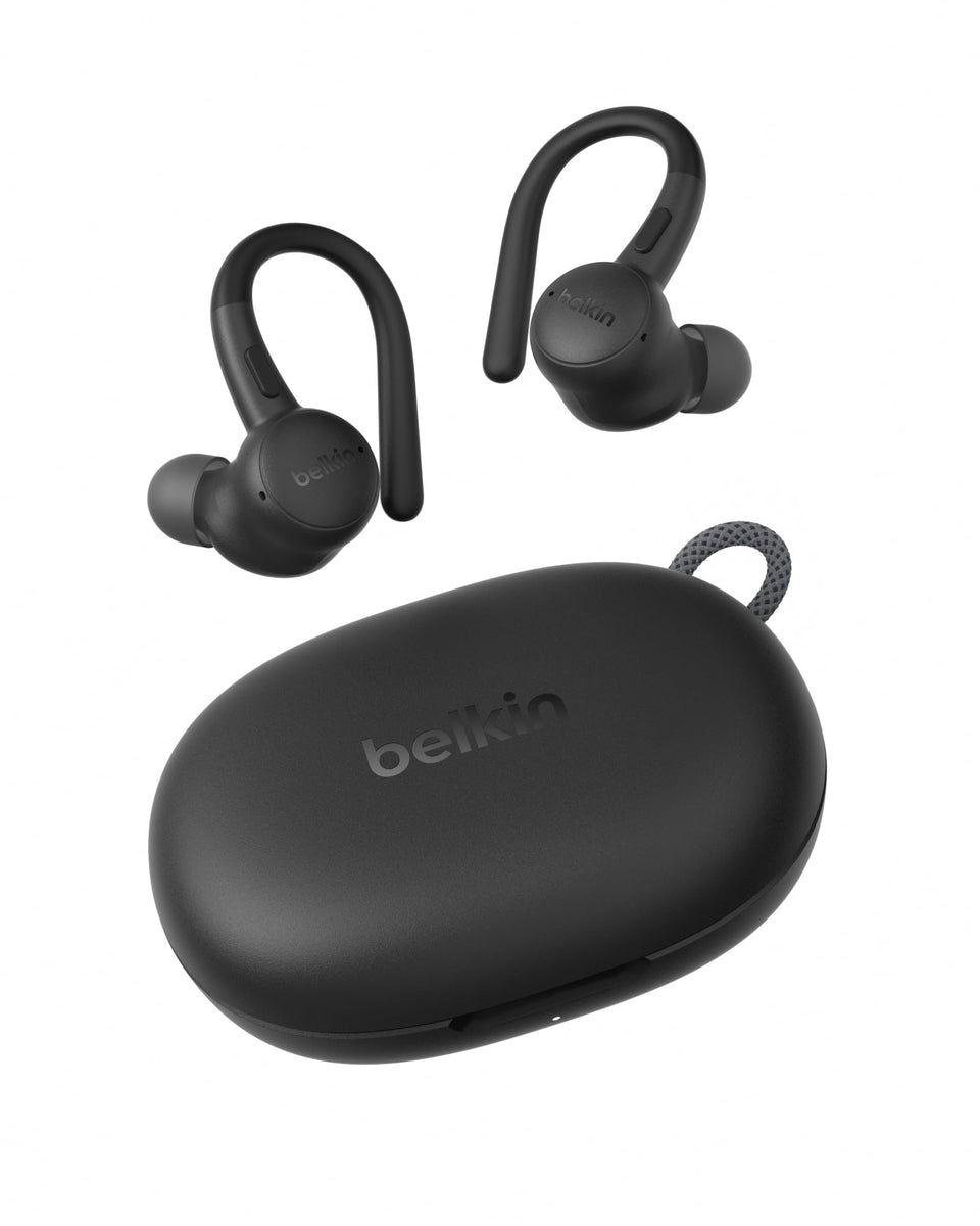 Belkin earbuds front view showing sleek design and easy access controls