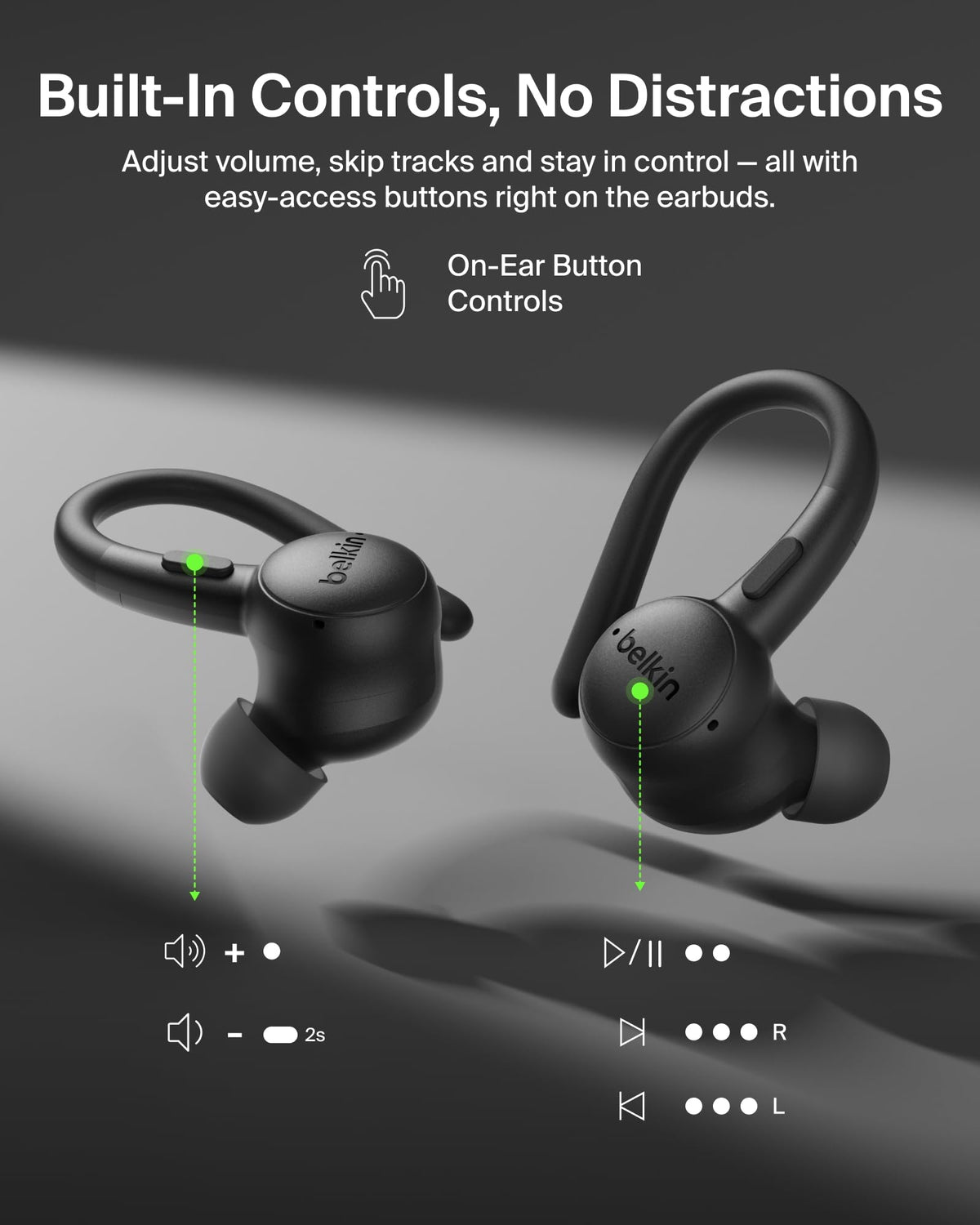 Belkin earbuds in ear while running demonstrating stable workout fit