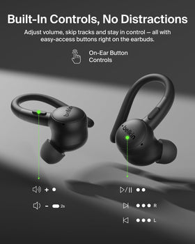 Belkin earbuds in ear while running demonstrating stable workout fit