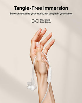 Belkin SoundForm ANC earbuds ANC toggle and controls in white