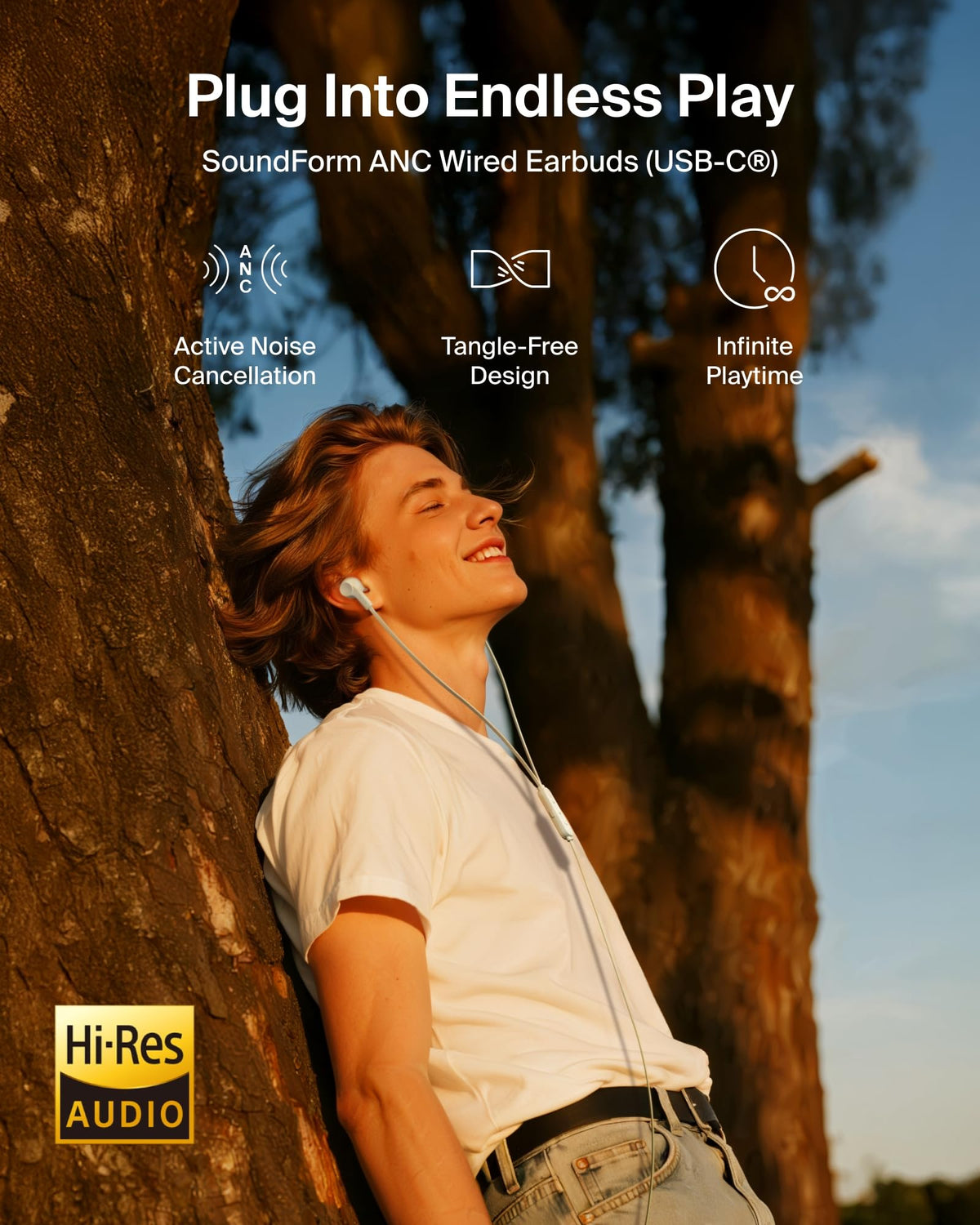 Belkin SoundForm ANC earbuds flat cable close-up for tangle-free use