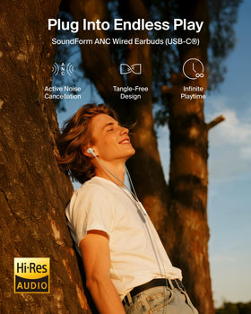 Belkin SoundForm ANC earbuds flat cable close-up for tangle-free use
