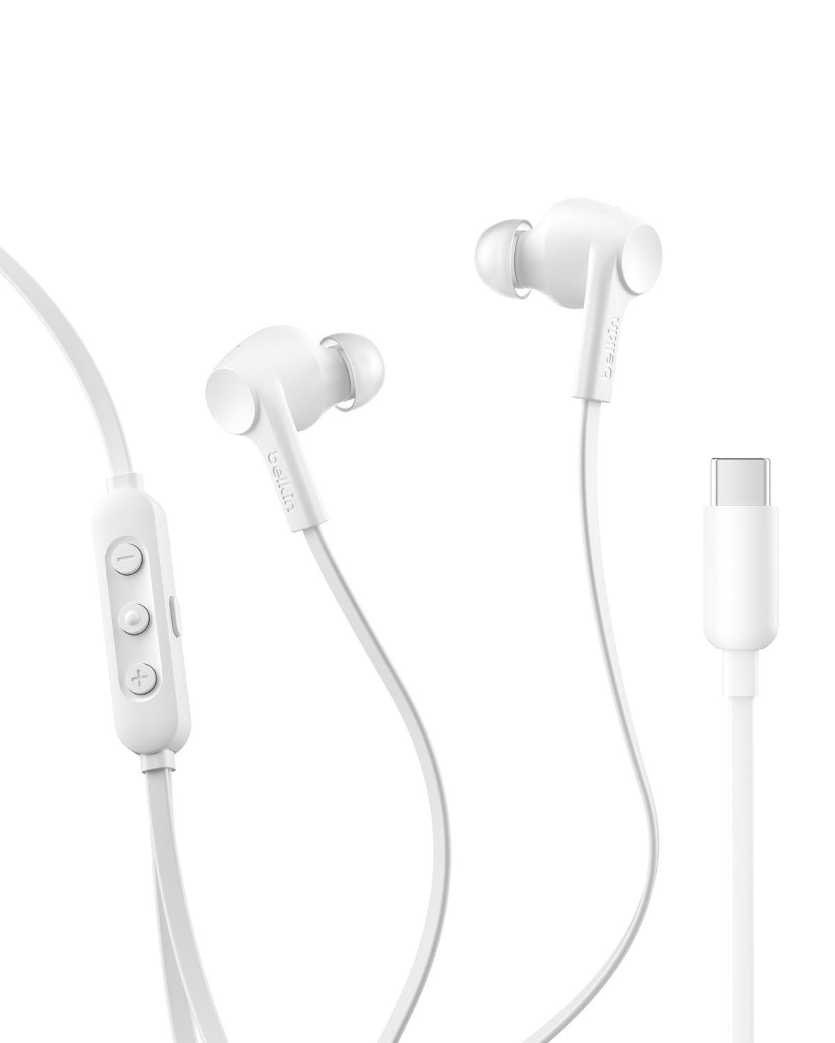 Belkin SoundForm ANC earbuds front view showing compact design and white finish