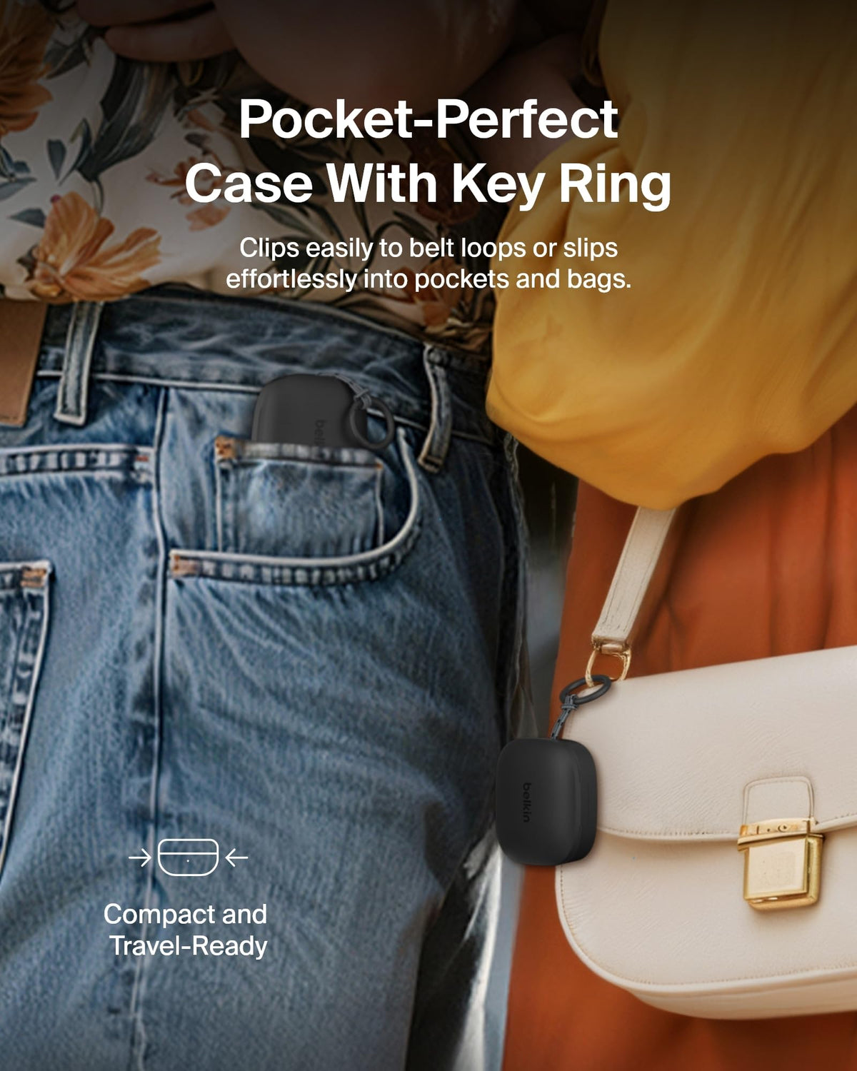 Belkin SoundForm Anywhere earbuds resting in their charging case for portable power