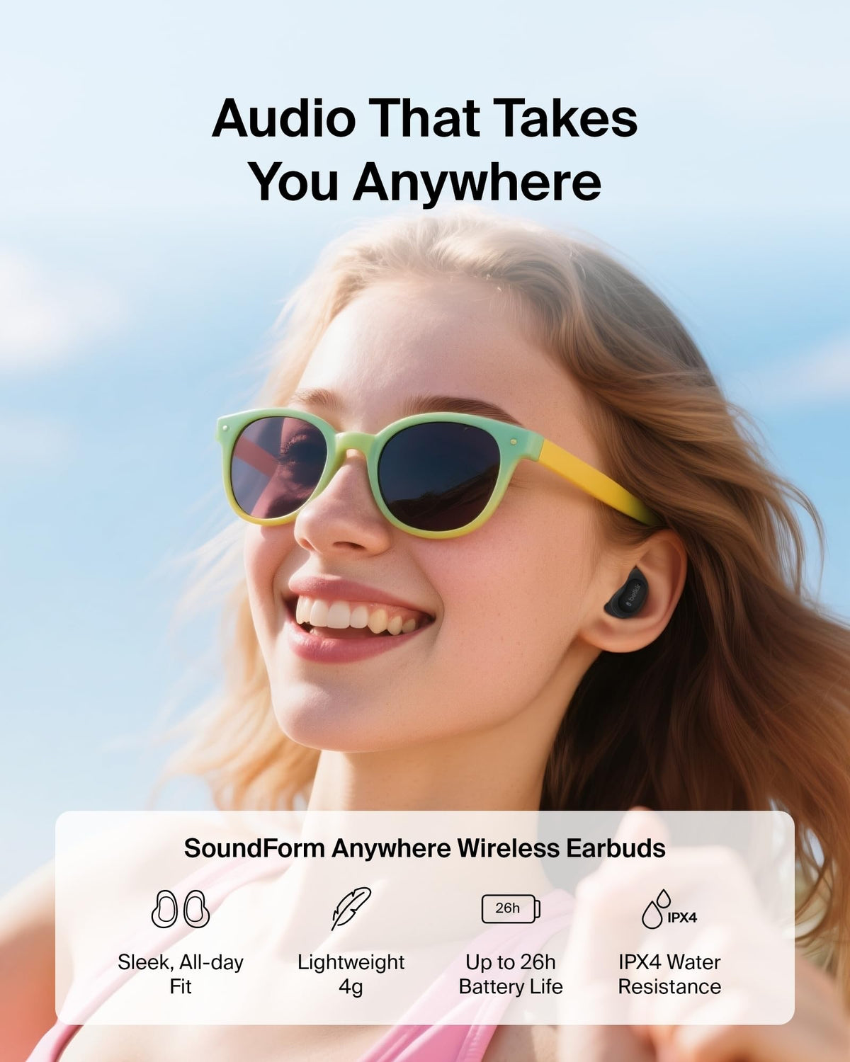 Belkin SoundForm Anywhere earbuds with IPX4 sweat resistance during workouts