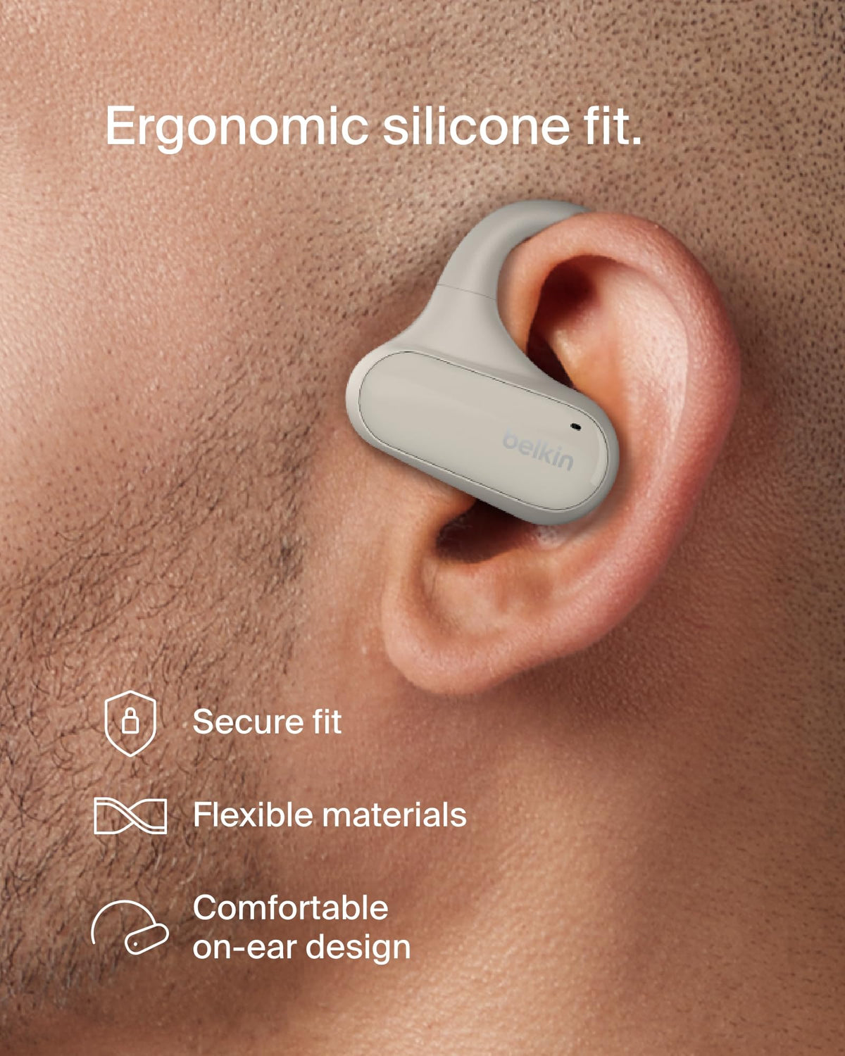 Belkin SoundForm ClearFit earbuds connected via Bluetooth 5.3