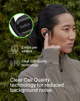 Belkin SoundForm ClearFit IPX5 rating supports sweat and rain during workouts.