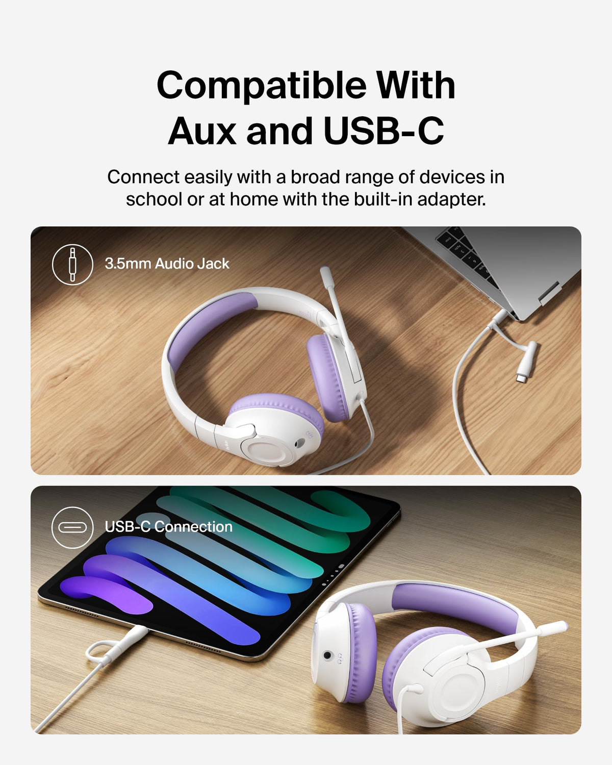 Belkin SoundForm Inspire headset lavender adjustable headband for growing kids.