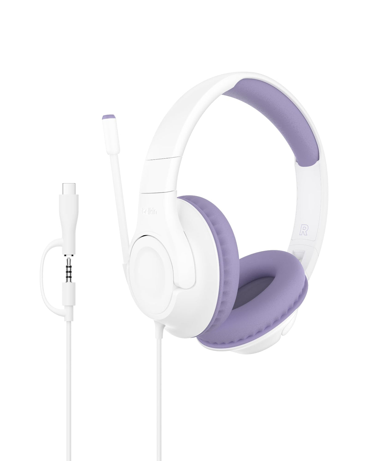 Belkin SoundForm Inspire headset lavender foldable design for easy travel and storage.