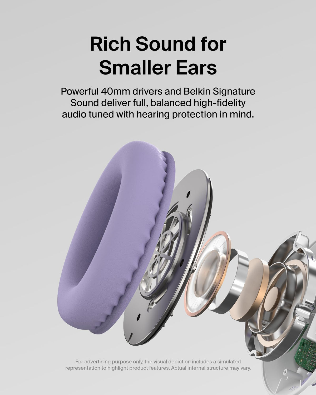 Belkin SoundForm Inspire lavender soft earcups enhance comfort during long use.