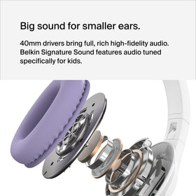 Belkin SoundForm Inspire 85dB limit graphic emphasizes safe listening for kids