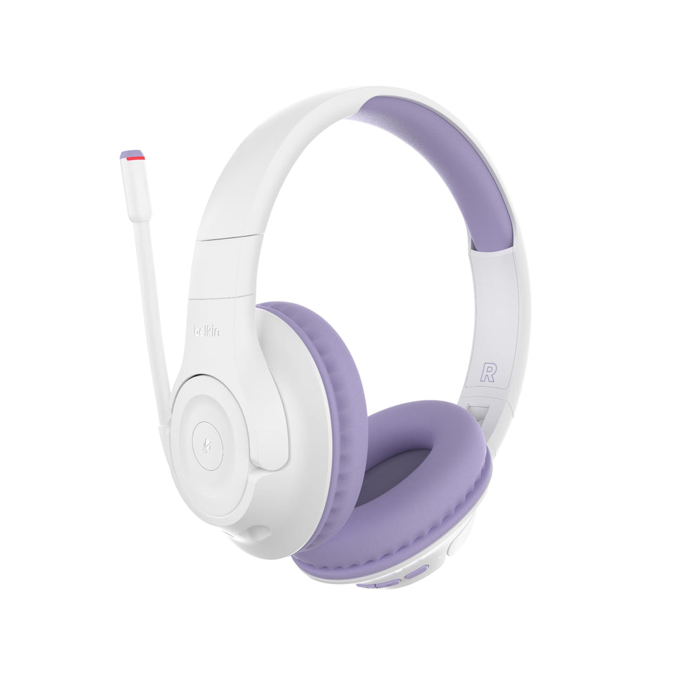 Belkin SoundForm Inspire lavender headset closeup highlighting kid friendly comfort for study