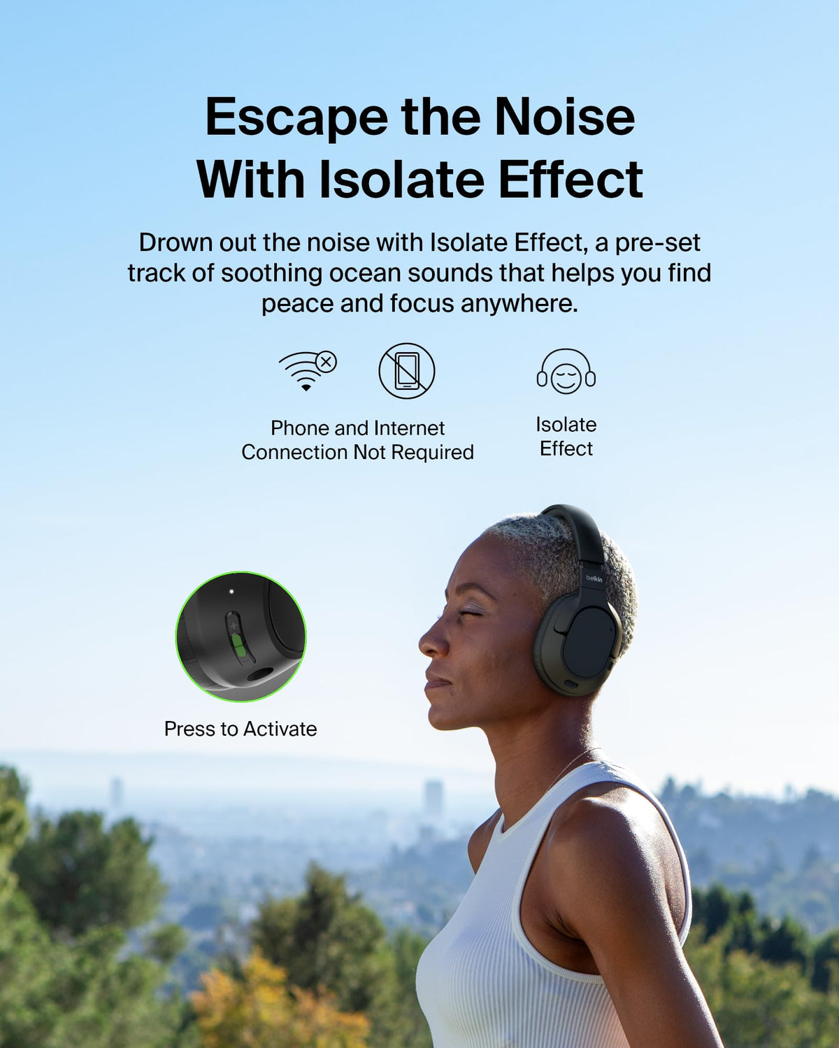Belkin SoundForm Isolate CloudCushion close-up highlighting soft ear pad comfort and noise isolation