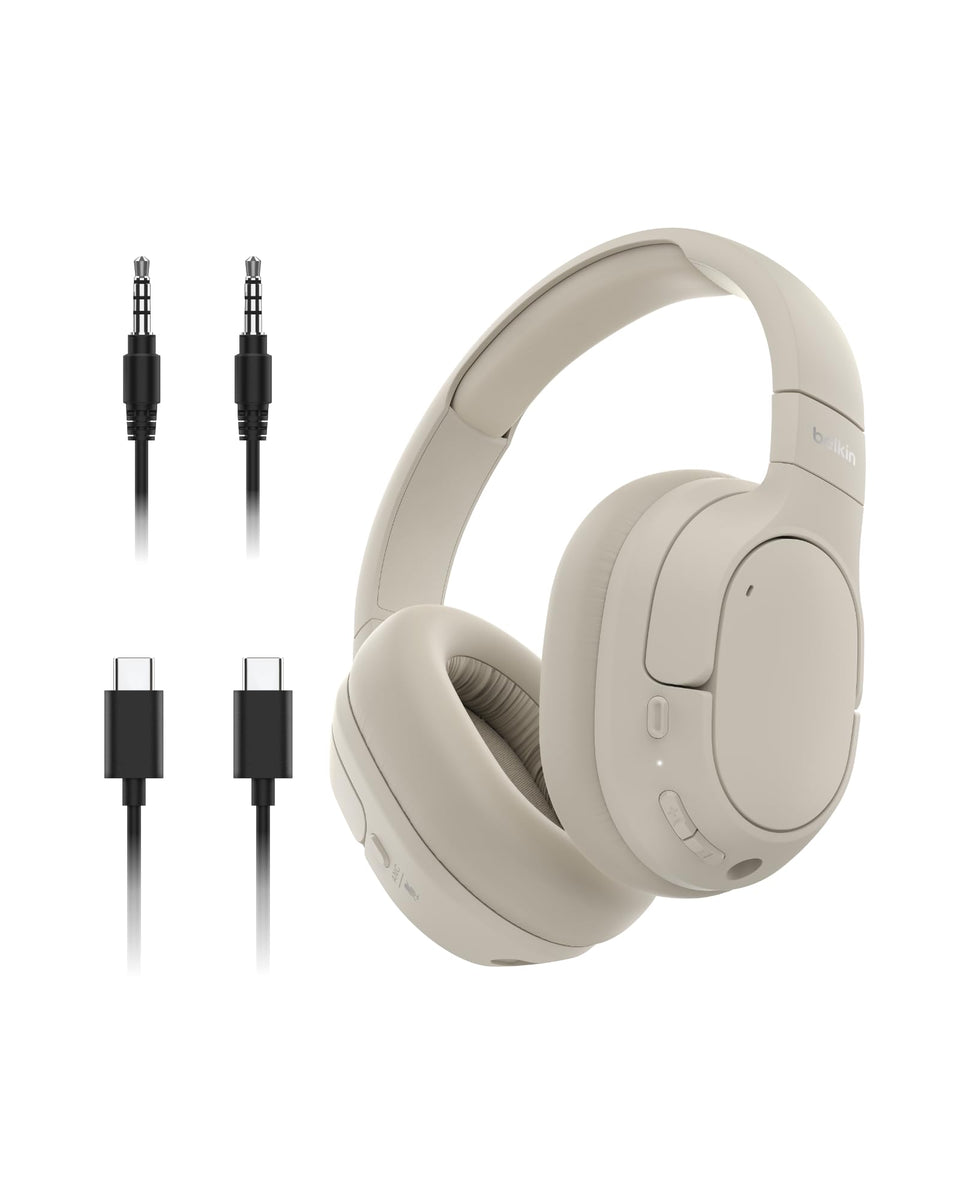 Belkin SoundForm Isolate front profile showing sleek sand finish and comfort