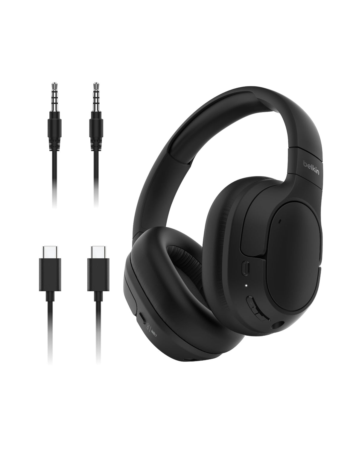 Belkin SoundForm Isolate front view showing sleek black design and controls for comfortable listening