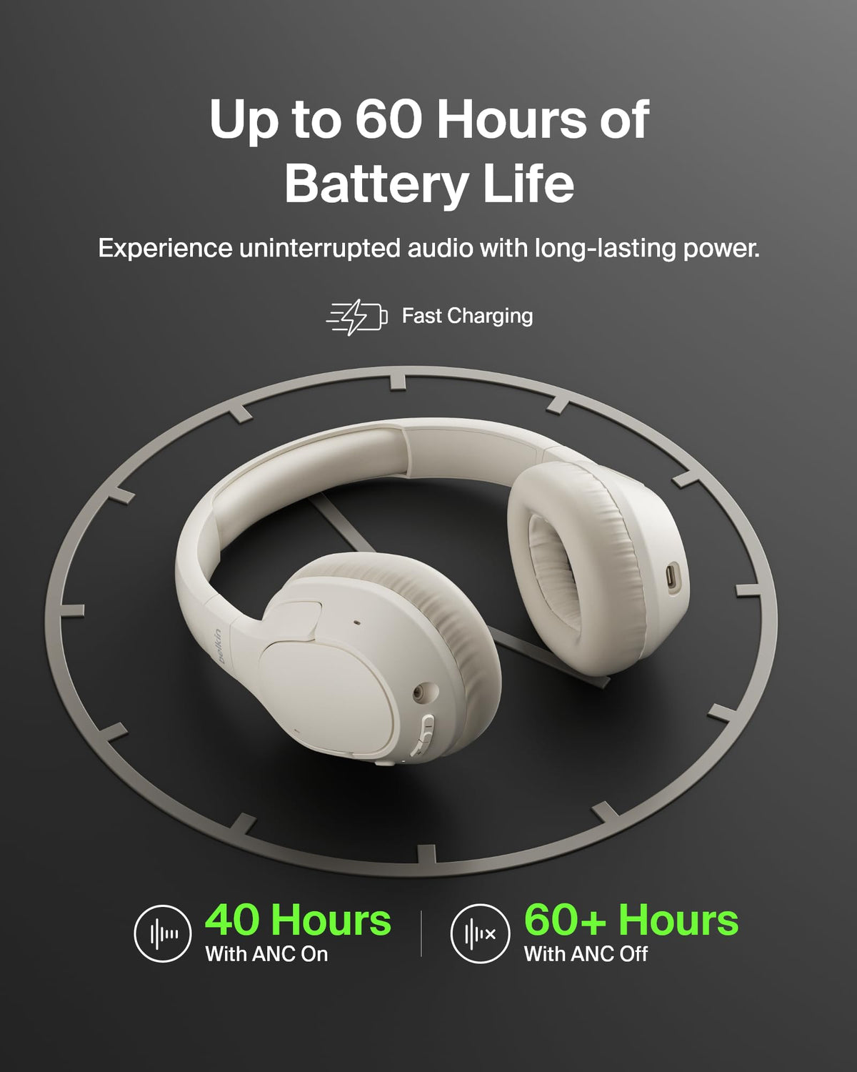 Belkin SoundForm Isolate worn on a commuter providing noise reduction benefit