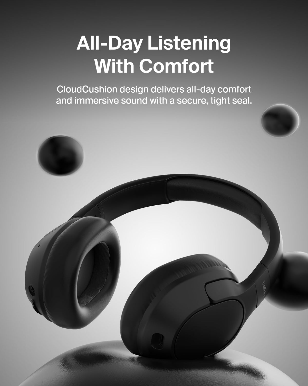 Belkin SoundForm Isolate worn in commute lifestyle shot showing stable fit and focus benefit