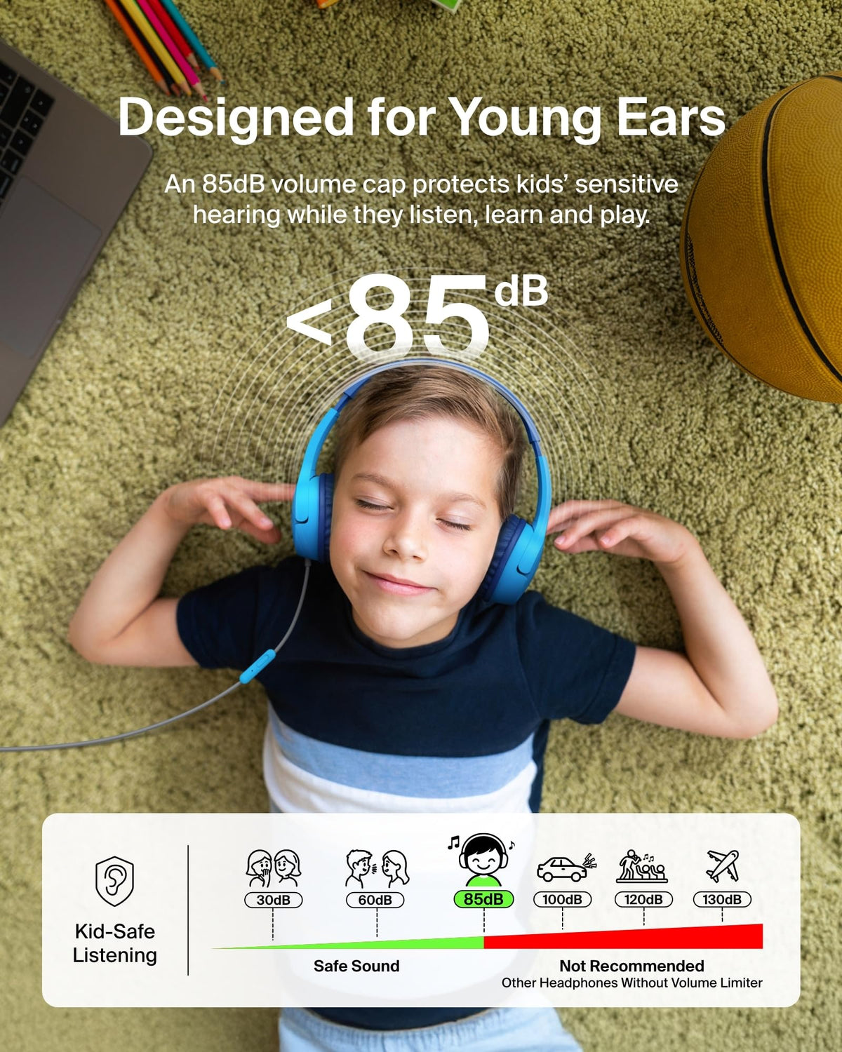Belkin headphones angled side view highlighting compact kid fit