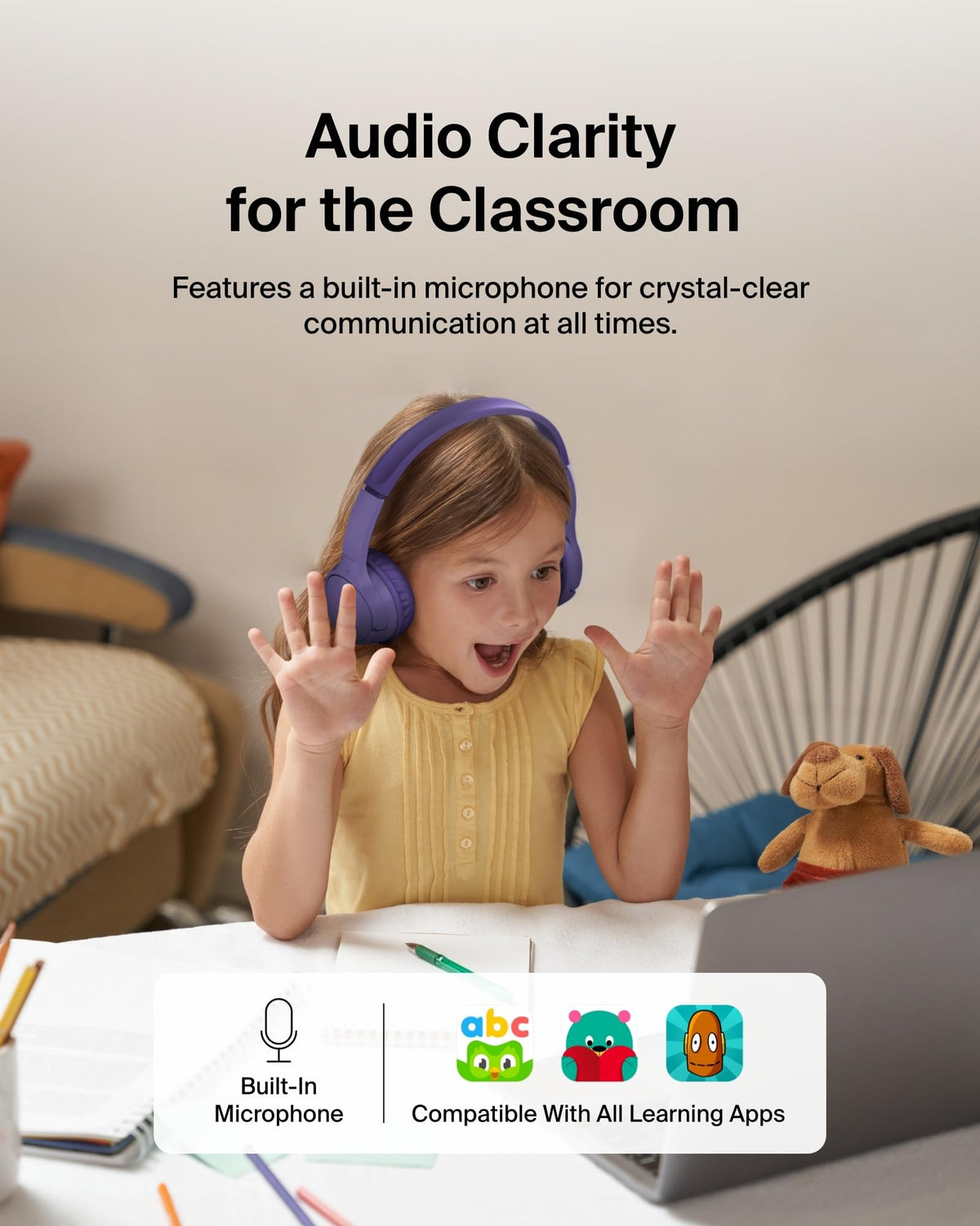 Belkin SoundForm Mini worn by child in car showing safe, comfortable listening