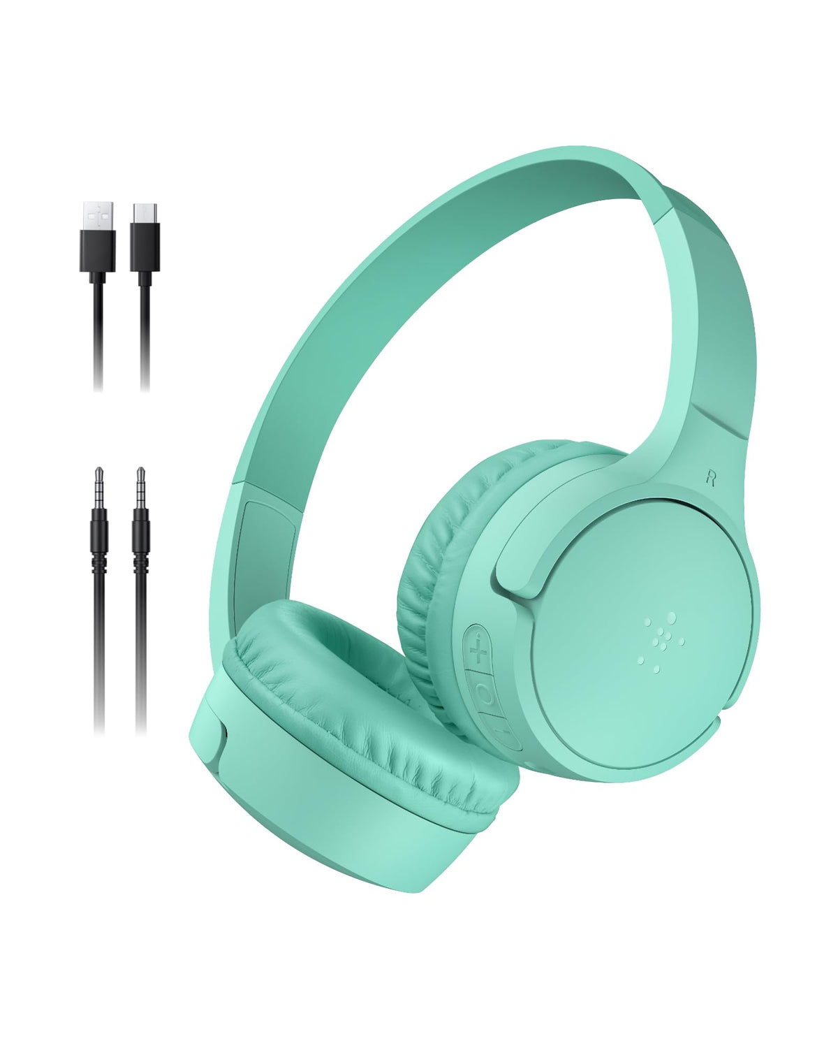 Belkin SoundForm Mini front view showing mint color and kid-friendly design benefit: easy identification