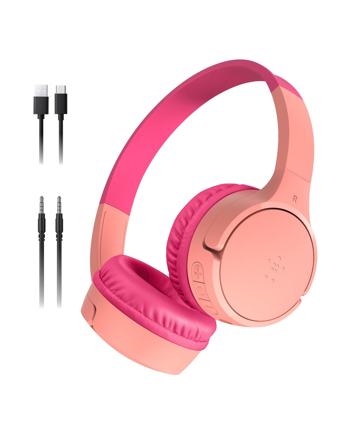 Belkin SoundForm Mini front view showing pink headphones and compact design for everyday use