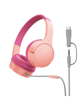 Belkin SoundForm Mini front view showing pink finish and durable build for kids