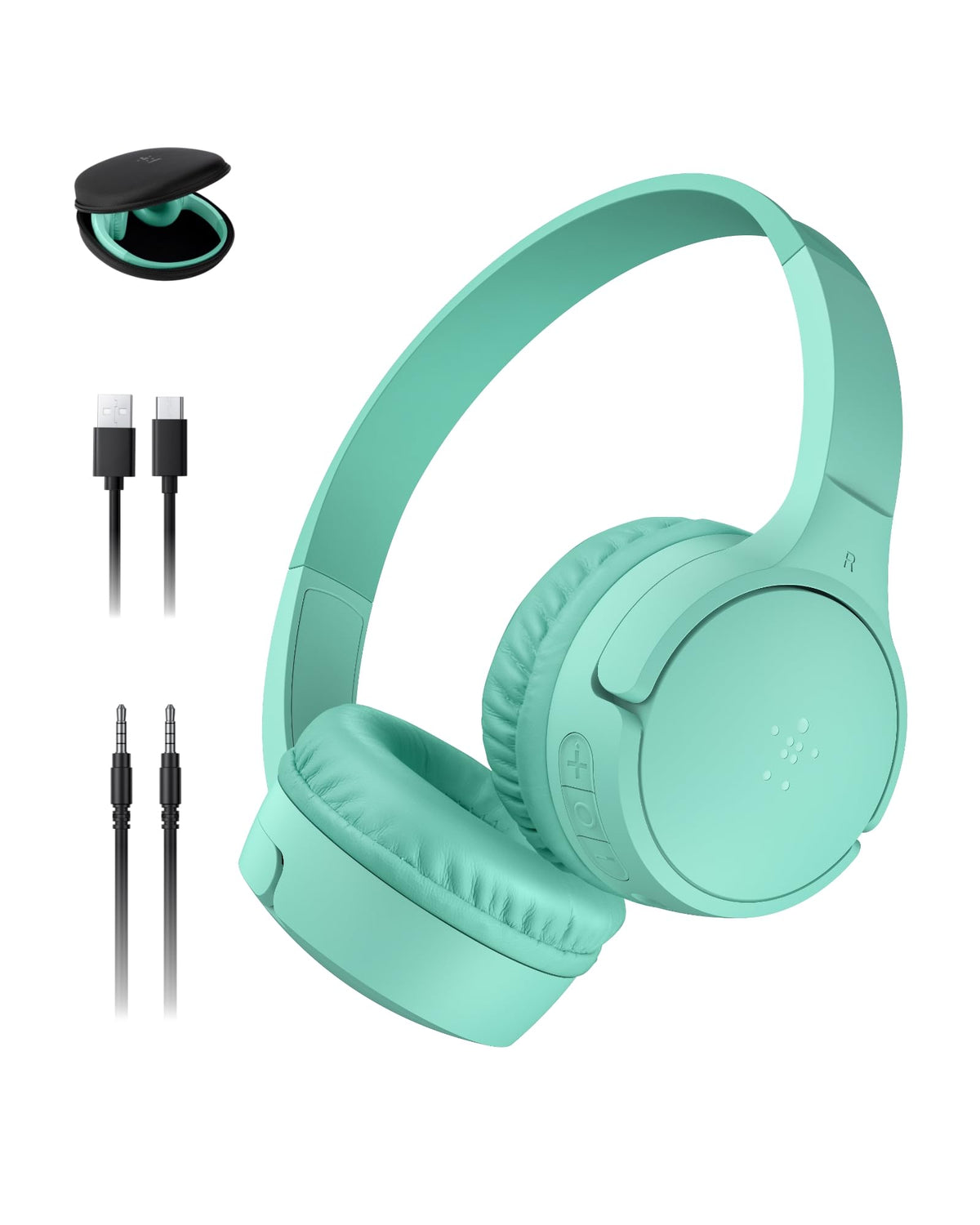 Belkin SoundForm Mini front view showing mint color and kid-sized fit for comfort