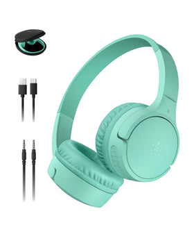 Belkin SoundForm Mini front view showing mint color and kid-sized fit for comfort