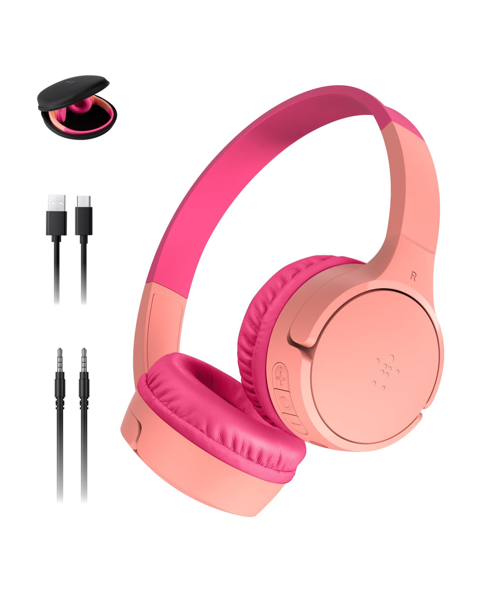 Belkin SoundForm Mini front view showing compact pink design and kid-friendly comfort