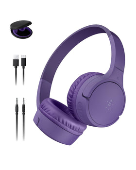 Belkin SoundForm Mini front view showing compact purple design and kid fit