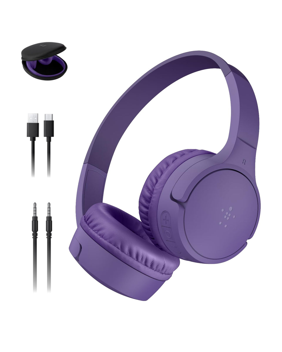 Belkin SoundForm Mini front view showing compact purple design and kid fit