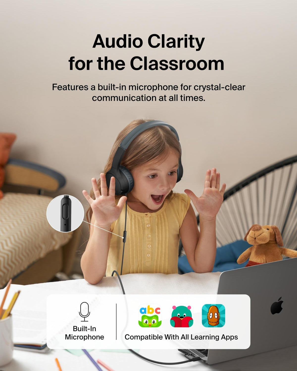 Belkin SoundForm Mini worn by a child for comfortable, long listening sessions.