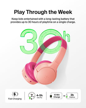 Belkin child using headphones with tablet illustrating easy pairing and clear audio for learning