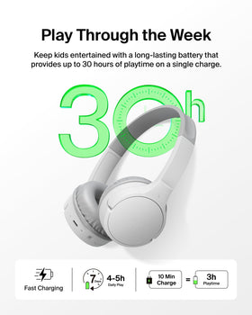 Belkin SoundForm Mini worn by child using a tablet for remote learning and clear audio