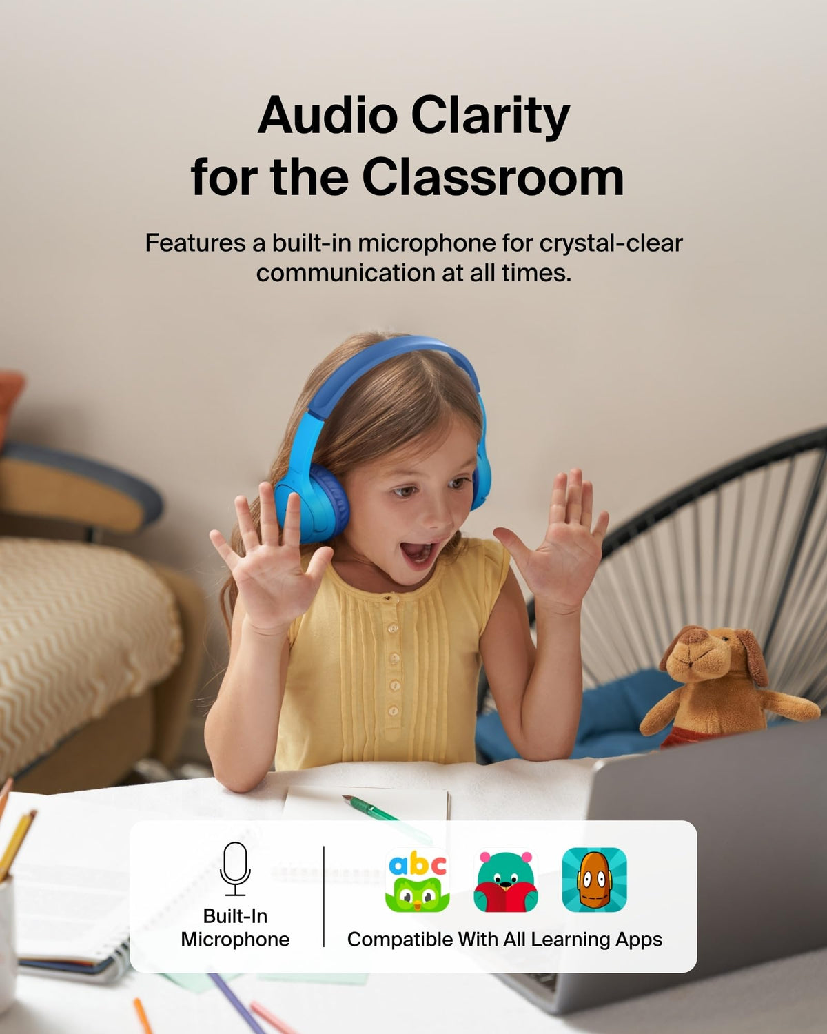 Belkin SoundForm Mini on child using tablet demonstrating safe school and travel use