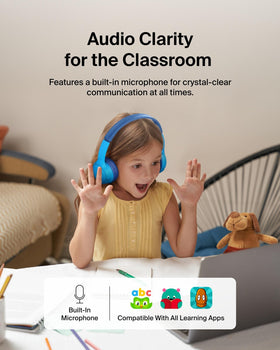 Belkin SoundForm Mini on child using tablet demonstrating safe school and travel use