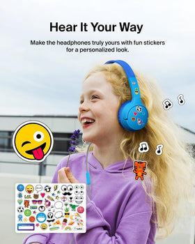 Child wearing Belkin headphones while learning to show safe use