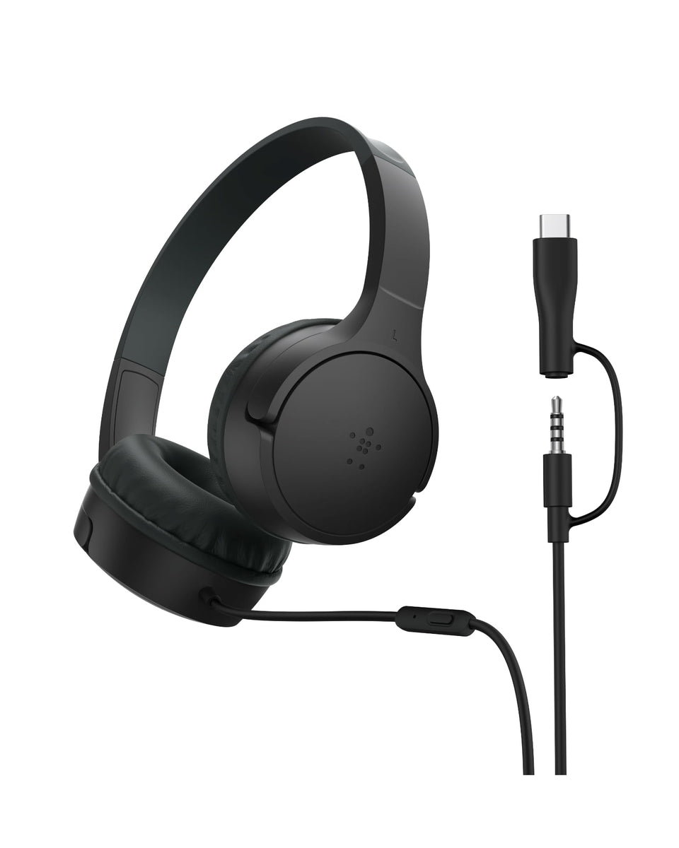 Belkin SoundForm Mini kids headphones close-up with soft cushions for comfortable listening.