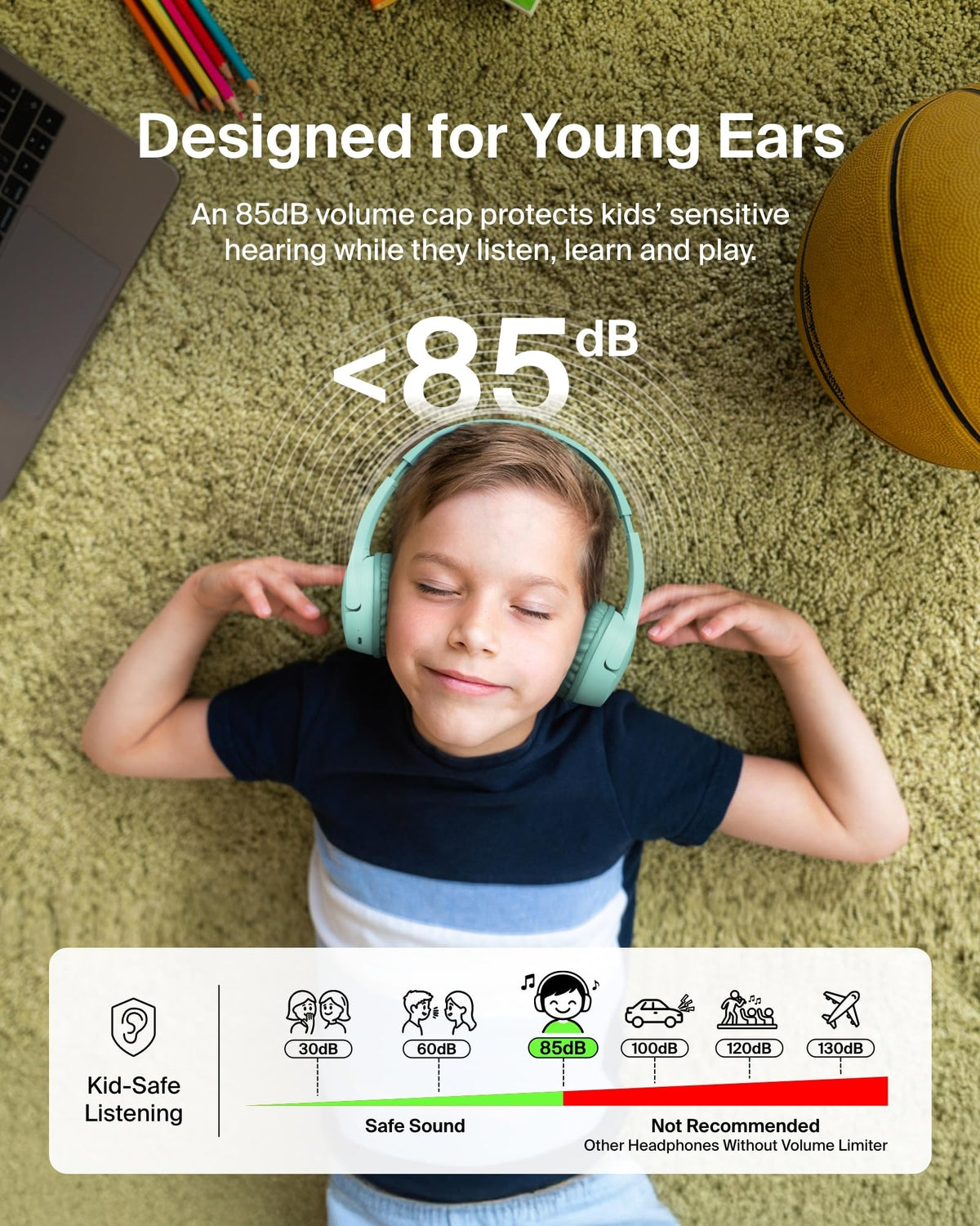 Belkin SoundForm Mini side profile emphasizing slim headband and durable build benefit: comfortable fit