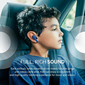 Child wearing Belkin SoundForm Nano earbuds demonstrating comfortable fit