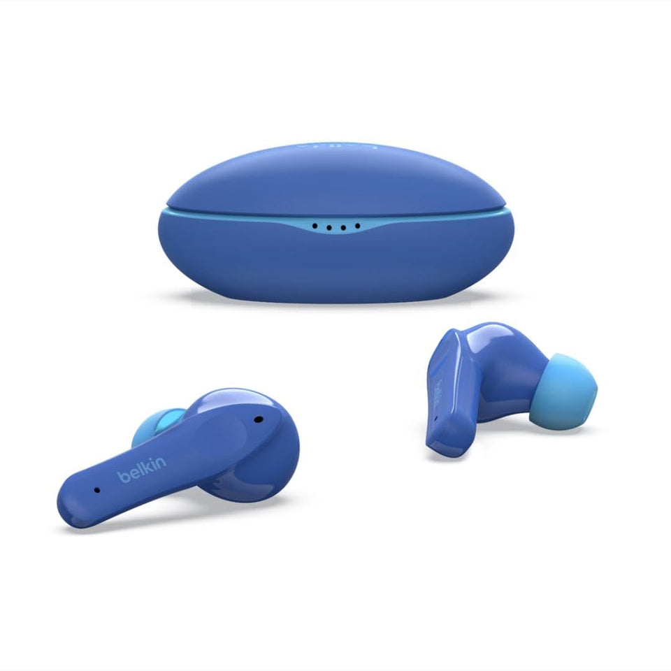 Belkin SoundForm Nano front packaging showing blue earbuds and benefits