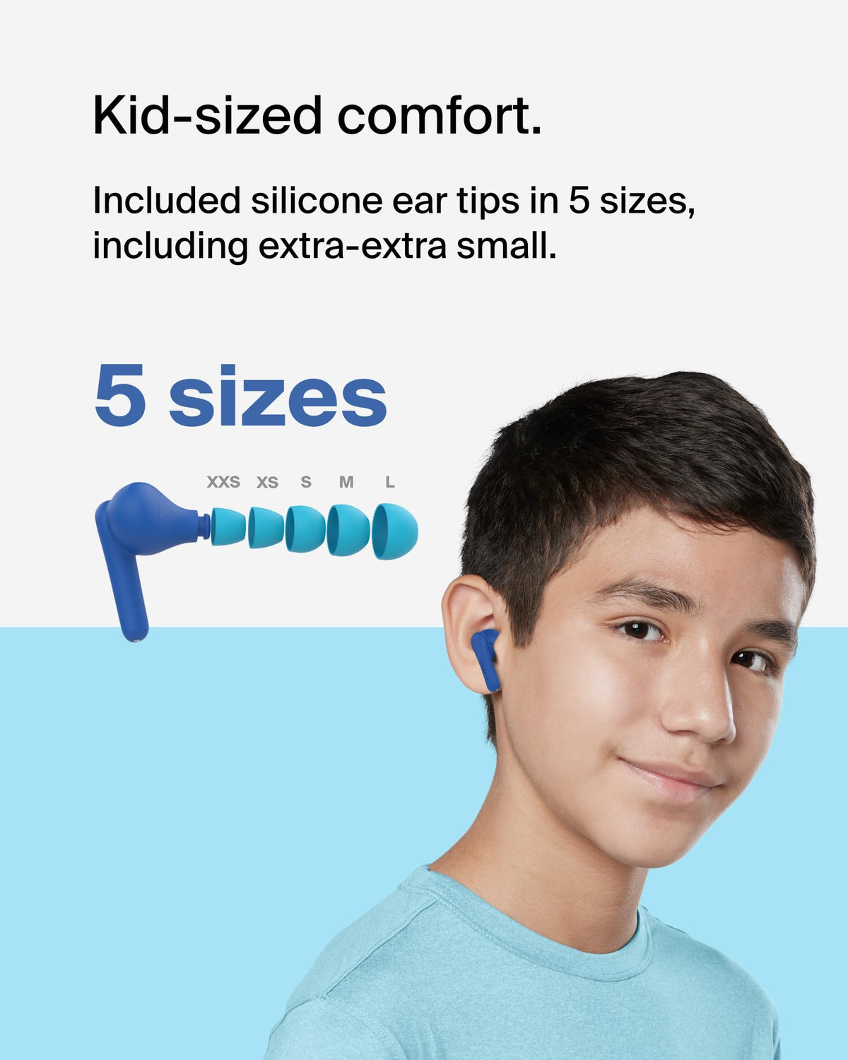 Belkin SoundForm Nano 2 five ear tip sizes displayed for secure fit