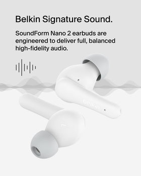 Belkin SoundForm Nano 2 beside a key showing compact scale for easy portability