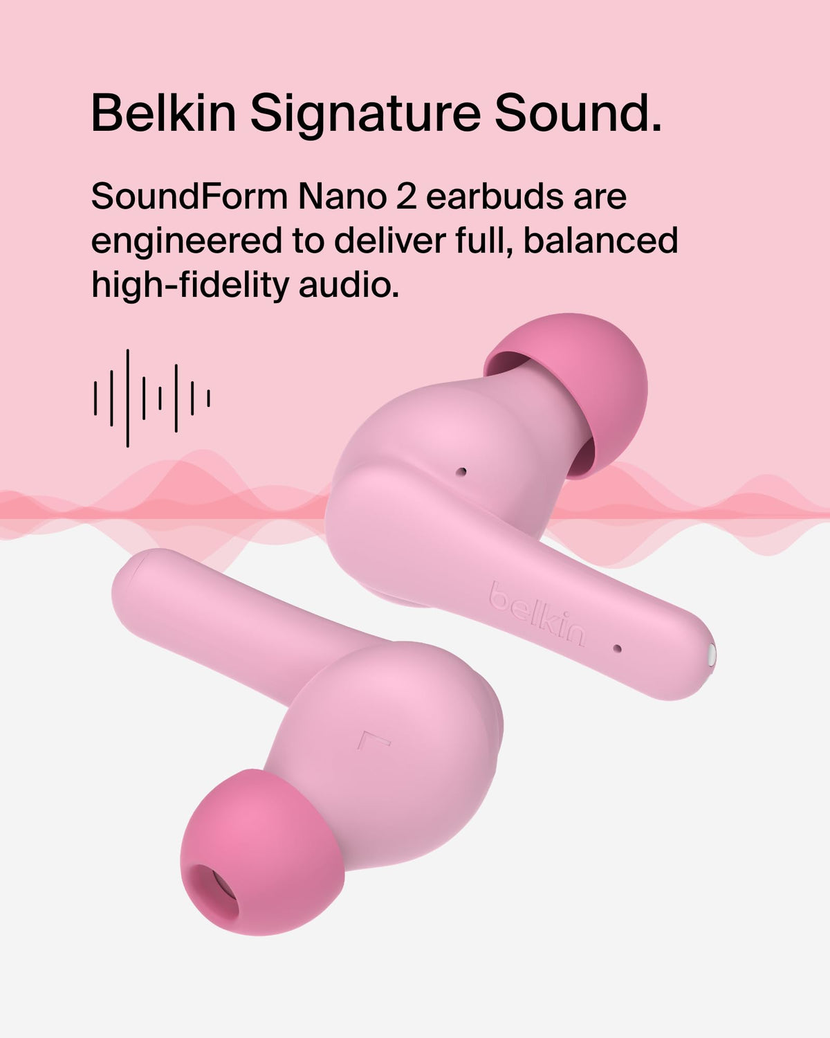 Belkin SoundForm Nano 2 USB-C charging cord and 4-LED indicator showing fast-charge benefit