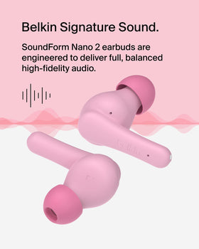 Belkin SoundForm Nano 2 USB-C charging cord and 4-LED indicator showing fast-charge benefit