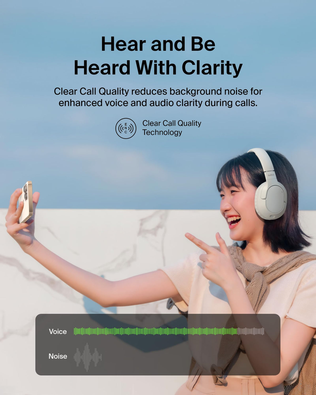 Close-up of soft ear cup on Belkin headphones showing plush comfort benefit