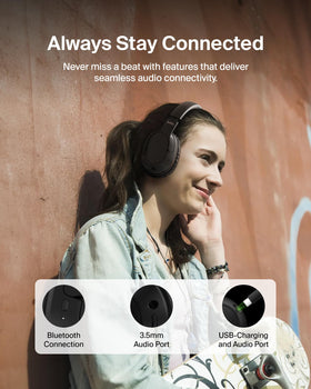 Belkin SoundForm Surround worn on ear in a café for immersive listening